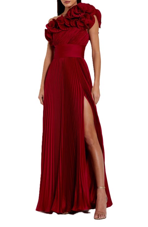 Pleated Charmeuse One Shoulder Ruffle Gown