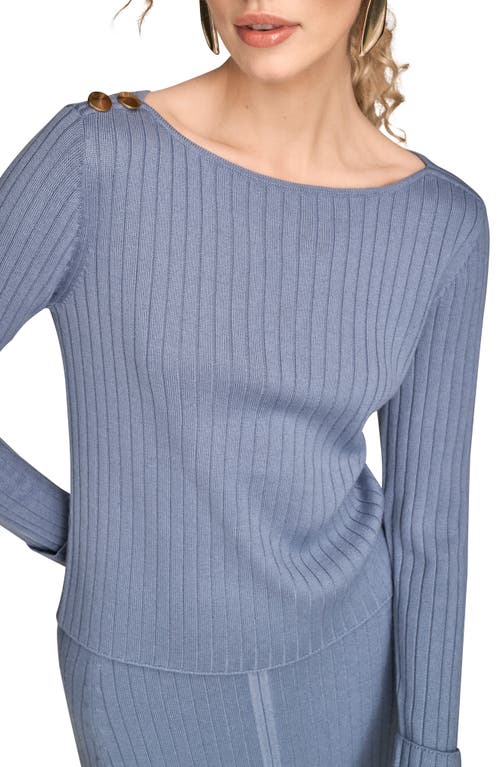 Donna Karan New York Button Shoulder Boat Neck Rib Sweater In Gray