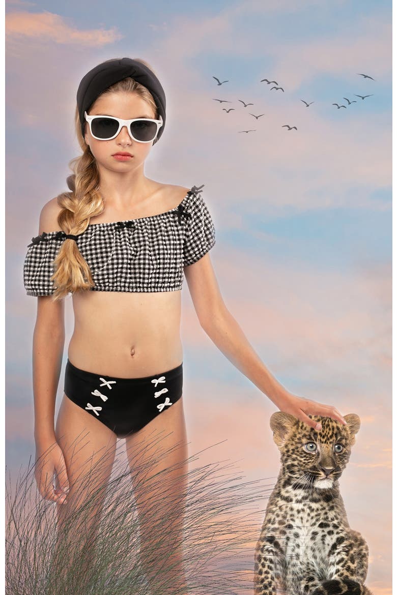Checkered Off Shoulder & Lace-Up Two Piece Bikini,Toddler-Little Kid & Big Kid, Alternate, color, Black