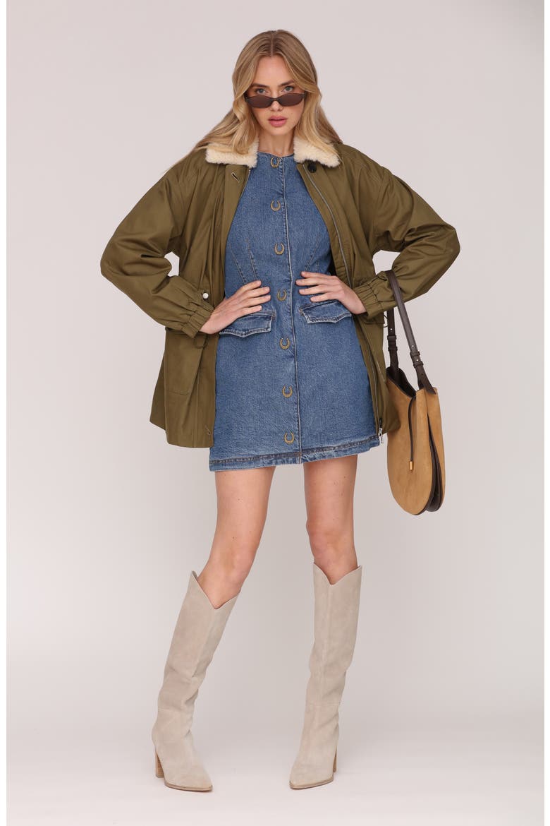 Cinched Cotton Jacket with Faux Shearling Collar, Alternate, color, ARMY GREEN