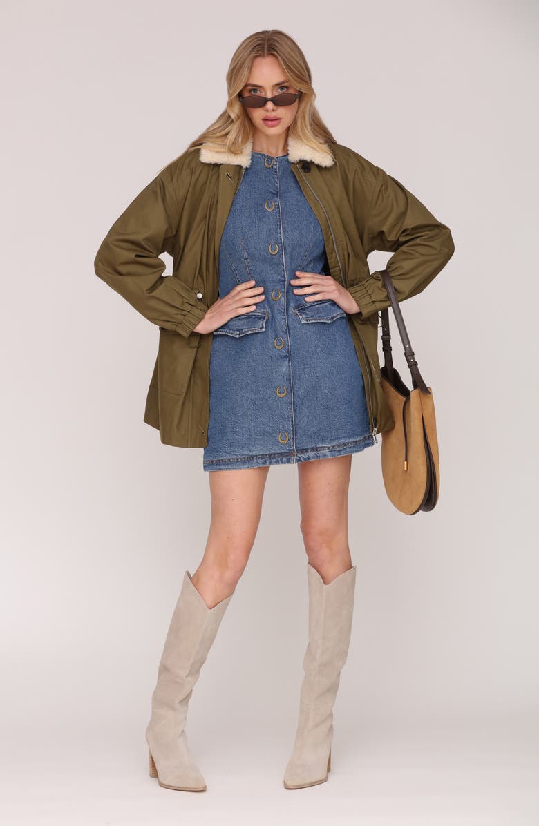 Avec Les Filles Cinched Cotton Jacket with Faux Shearling Collar, Alternate, color, Army Green