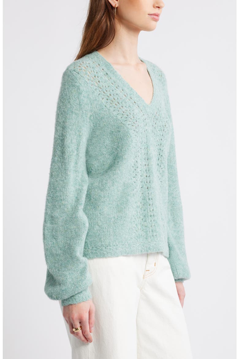 Oversize Pointelle V-Neck Sweater, Alternate, color, GREEN MILIEU