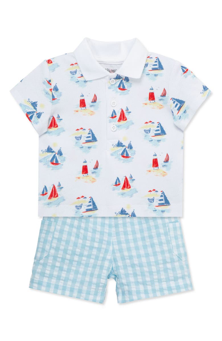 Little Me Breezy Cotton Button-Up Polo & Shorts Set, Alternate, color, Blue