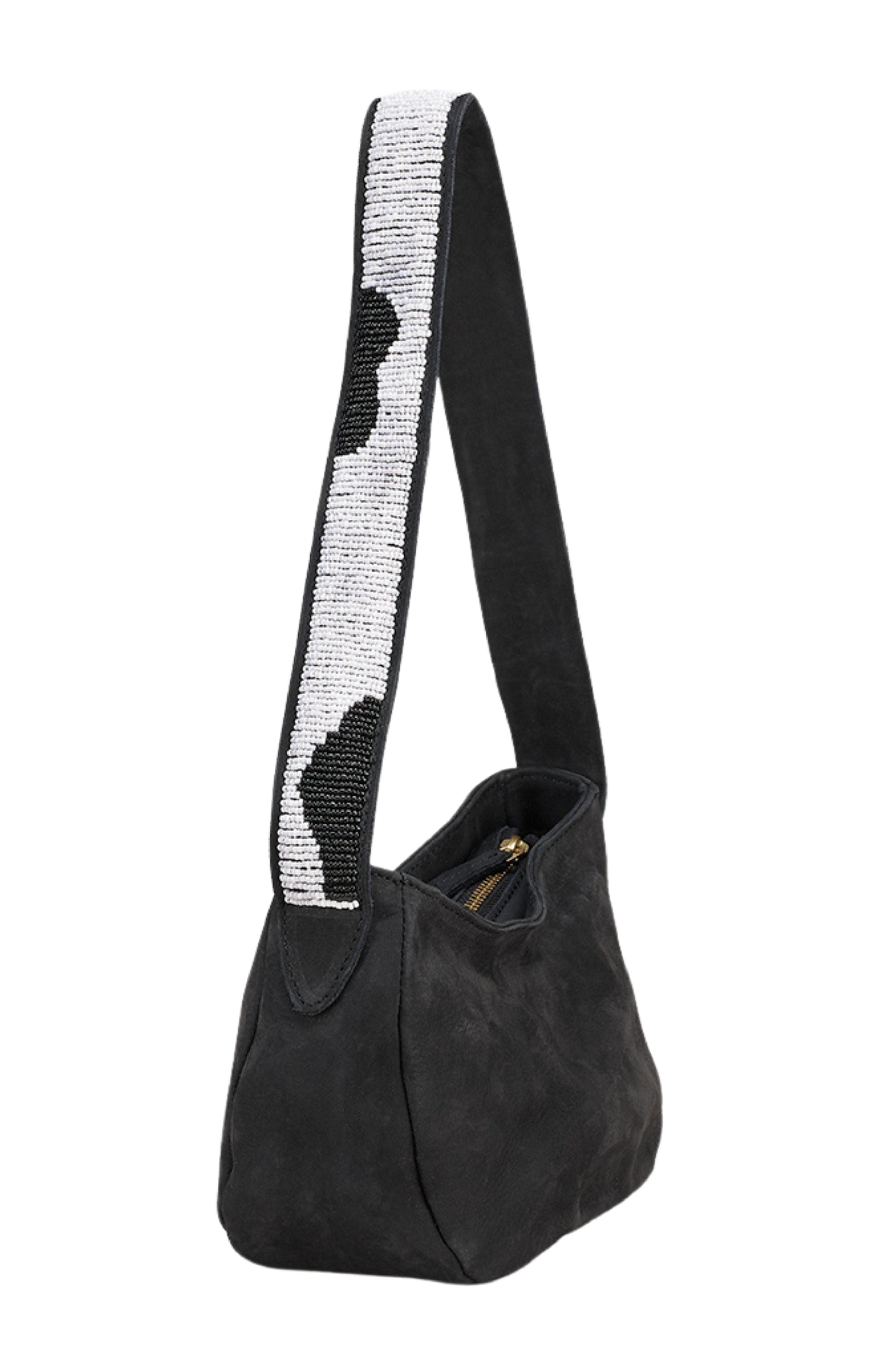 Sarep + Rose Hand-Beaded Shoulder Bag in Black Nubuck 