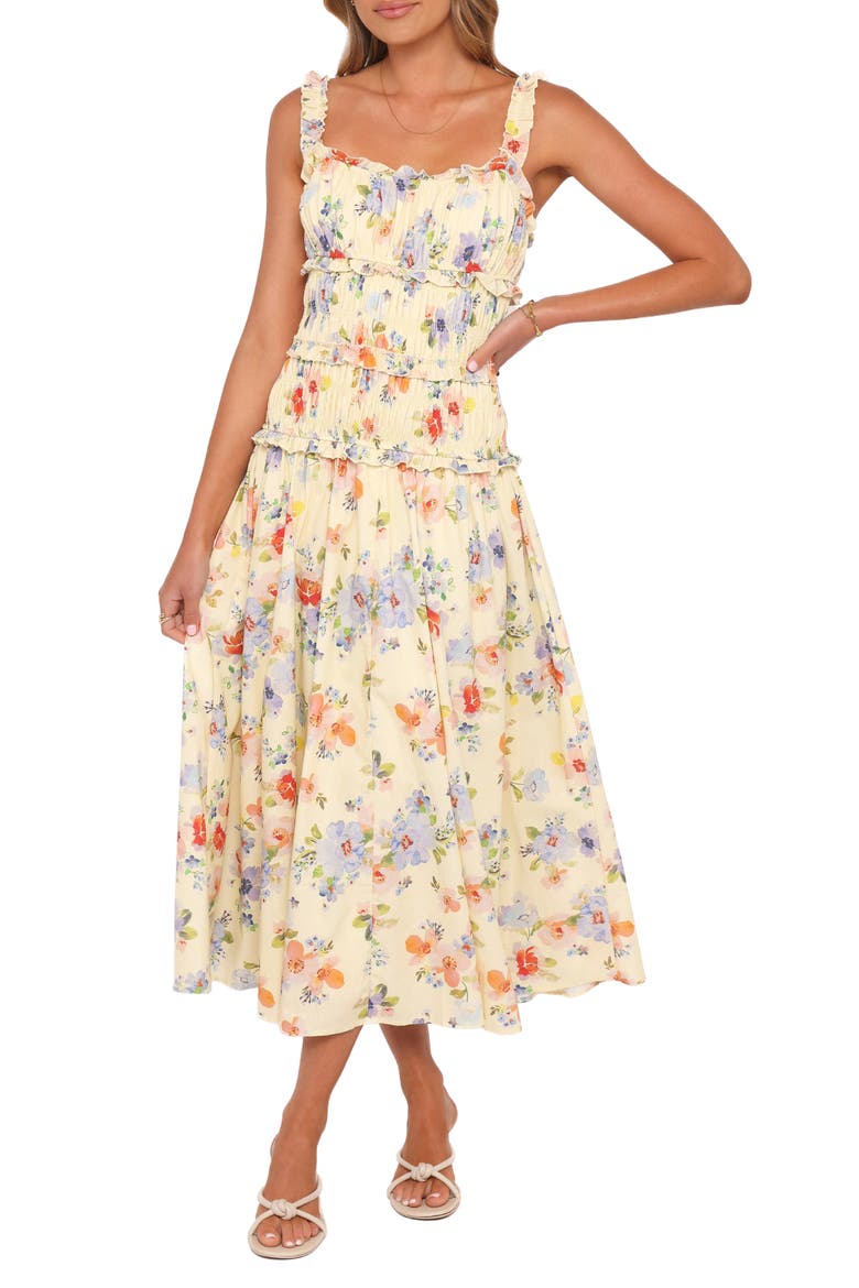 Enola Shirred Ruffle Trim Midi Dress, Main, color, YELLOW FLORAL