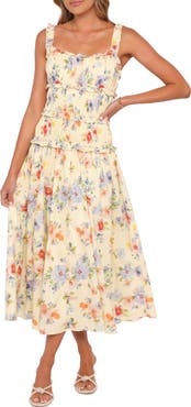 Petal & Pup Enola Shirred Ruffle Trim Midi Dress