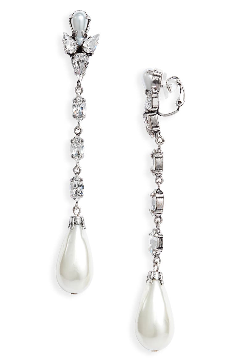 Pendant Rhinestone & Faux Pearl Clip-On Earrings, Main, color, CREME/CRYSTAL/OXIDIZED SILVER