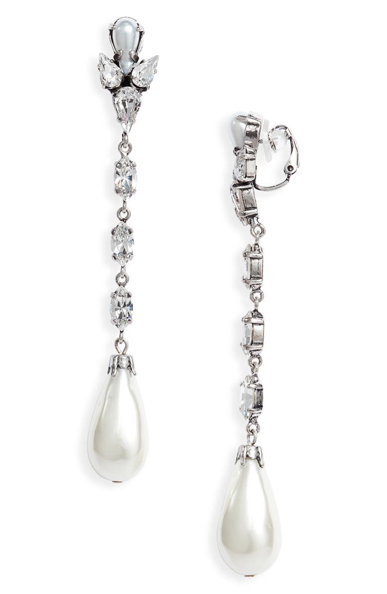 Saint Laurent Pendant Rhinestone & Faux Pearl Clip-On Earrings, Main, color, 