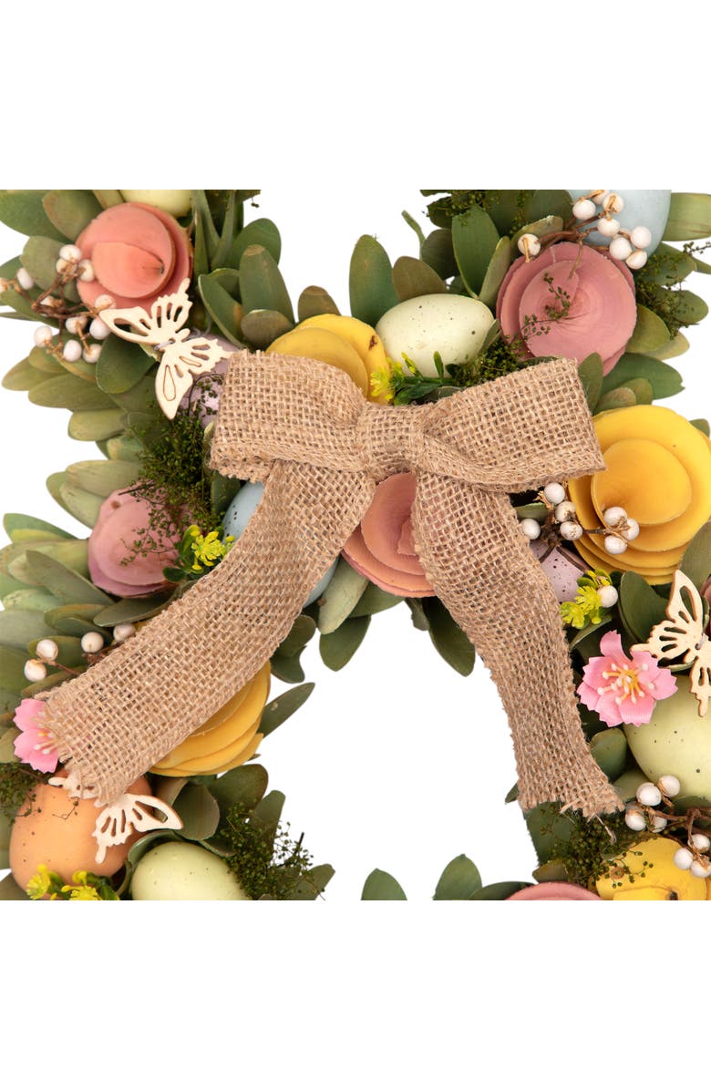 Northlight Shaved Wood Flowers Bunny Rabbit Silhouette Easter Wreath - 24", Alternate, color, Multi