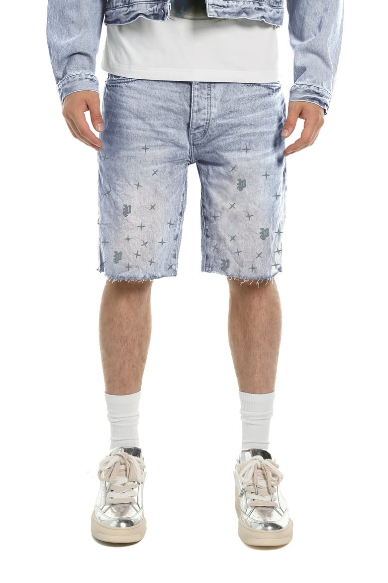 Mono Stars Tufted Denim Shorts, Main, color, LIGHT INDIGO