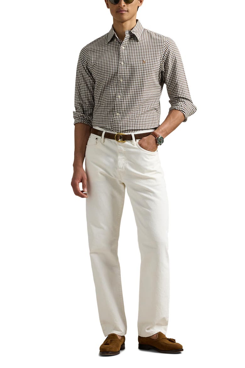 Classic Fit CheckShort Sleeve Cotton Button-Down Oxford Shirt, Alternate, color, 4338R PALE RUSSET/ WHITE