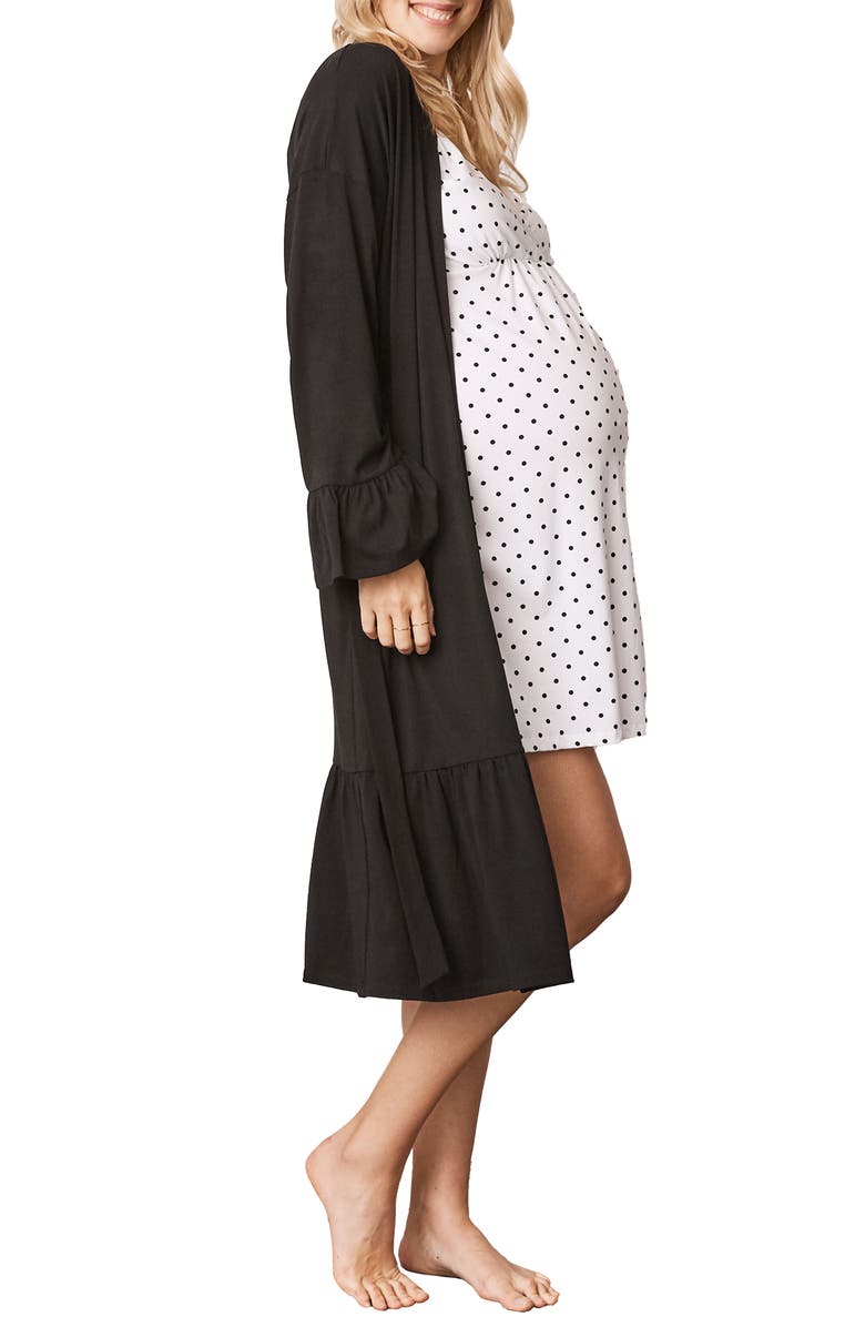 Angel Maternity Polka Dot Maternity/Nursing Nightgown, Robe, Hairband & Baby Pouch Set, Alternate, color,