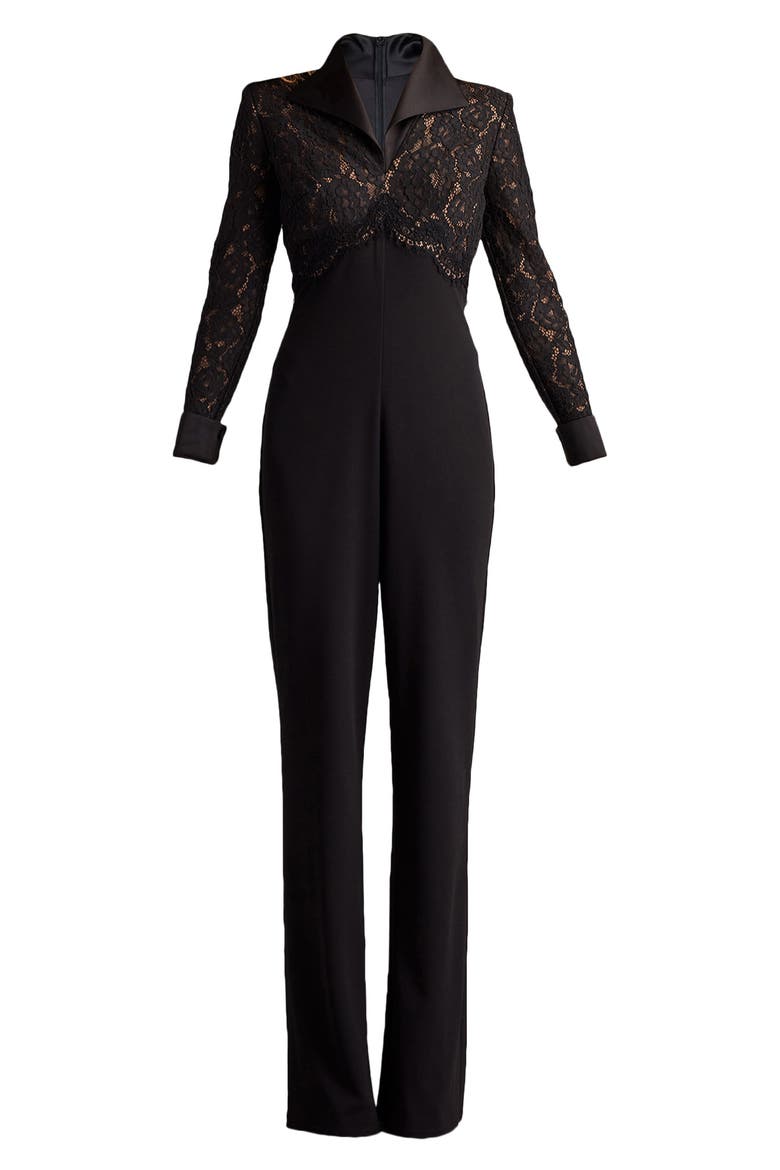 Cotton Blend Lace & Crepe Jumpsuit, Alternate, color, BLACK/ NUDE