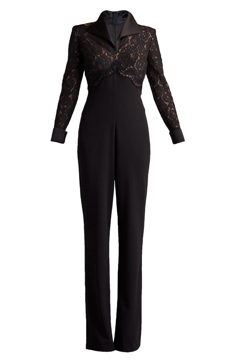 Tadashi Shoji Cotton Blend Lace & Crepe Jumpsuit, Alternate, color, 