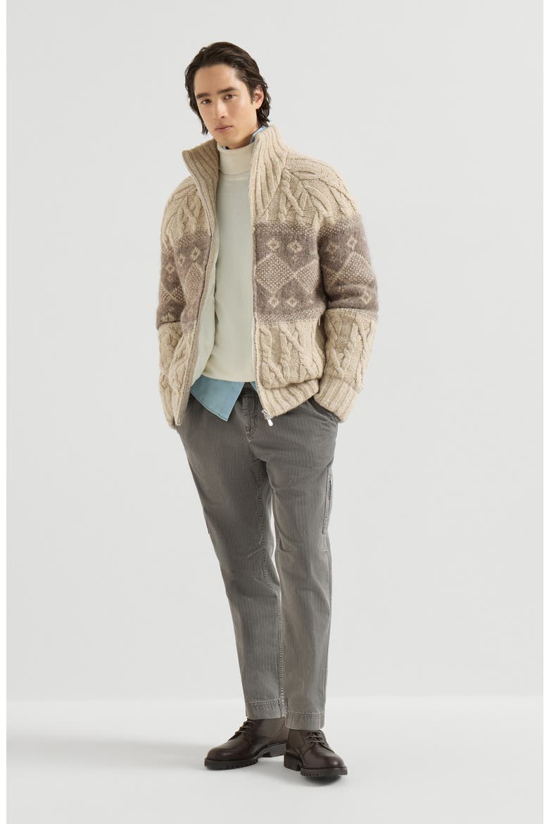 Virgin wool, silk and cashmere chiné cable knit down jacket with intarsia, Alternate, color, Sand