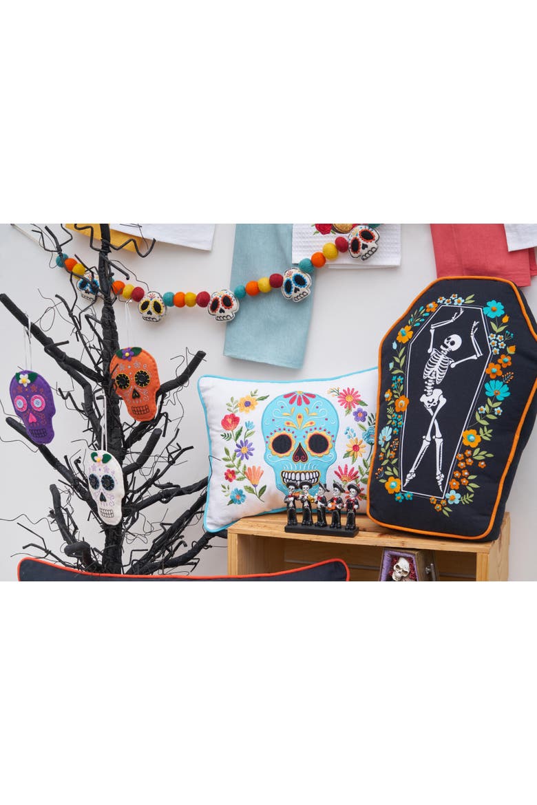 Dancing Halloween Skeleton Floral Flowers 100% Cotton Accent Pillow 12.5" x 18", Alternate, color, Black