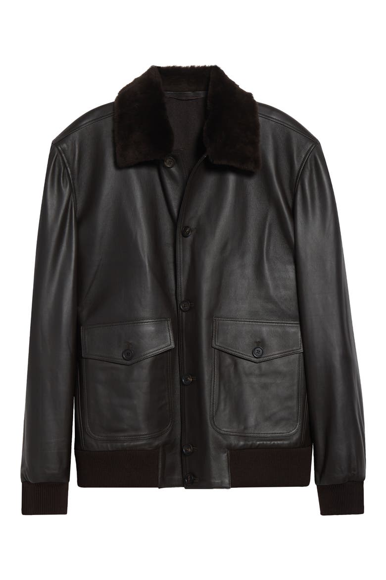 Leather Bomber Jacket with Genuine Shearling Collar, Alternate, color, MORO - DARK BROWN