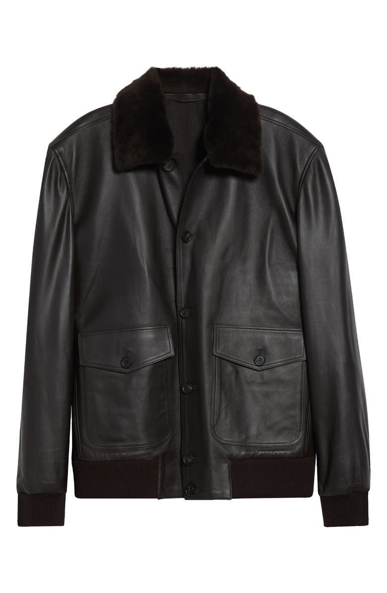 Thom Sweeney Leather Bomber Jacket with Genuine Shearling Collar, Alternate, color, Moro - Dark Brown