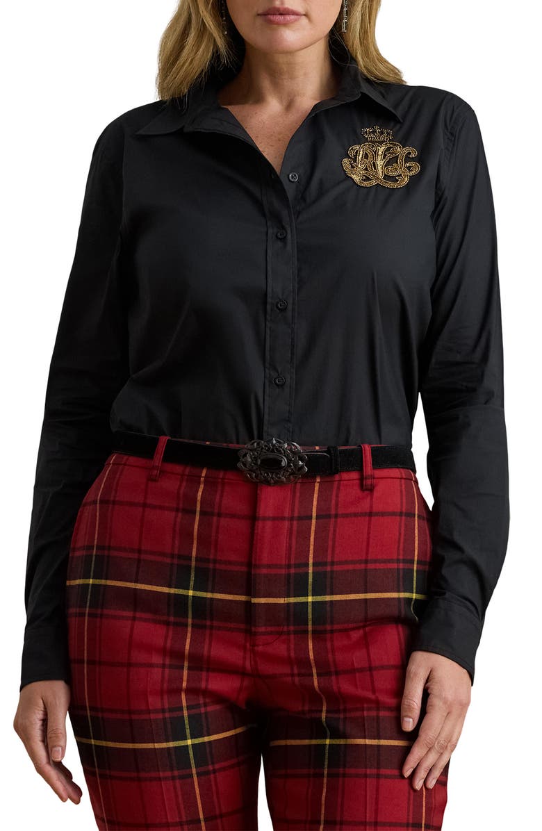 Lauren Ralph Lauren Beaded Classic Fit Cotton Button-Up Shirt, Main, color, Black