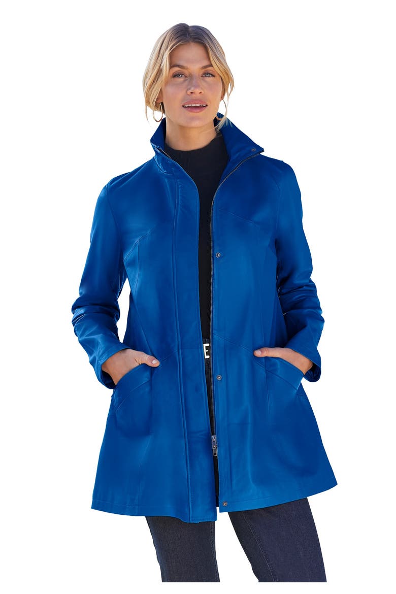 A-Line Zip Front Leather Jacket, Main, color, DARK SAPPHIRE