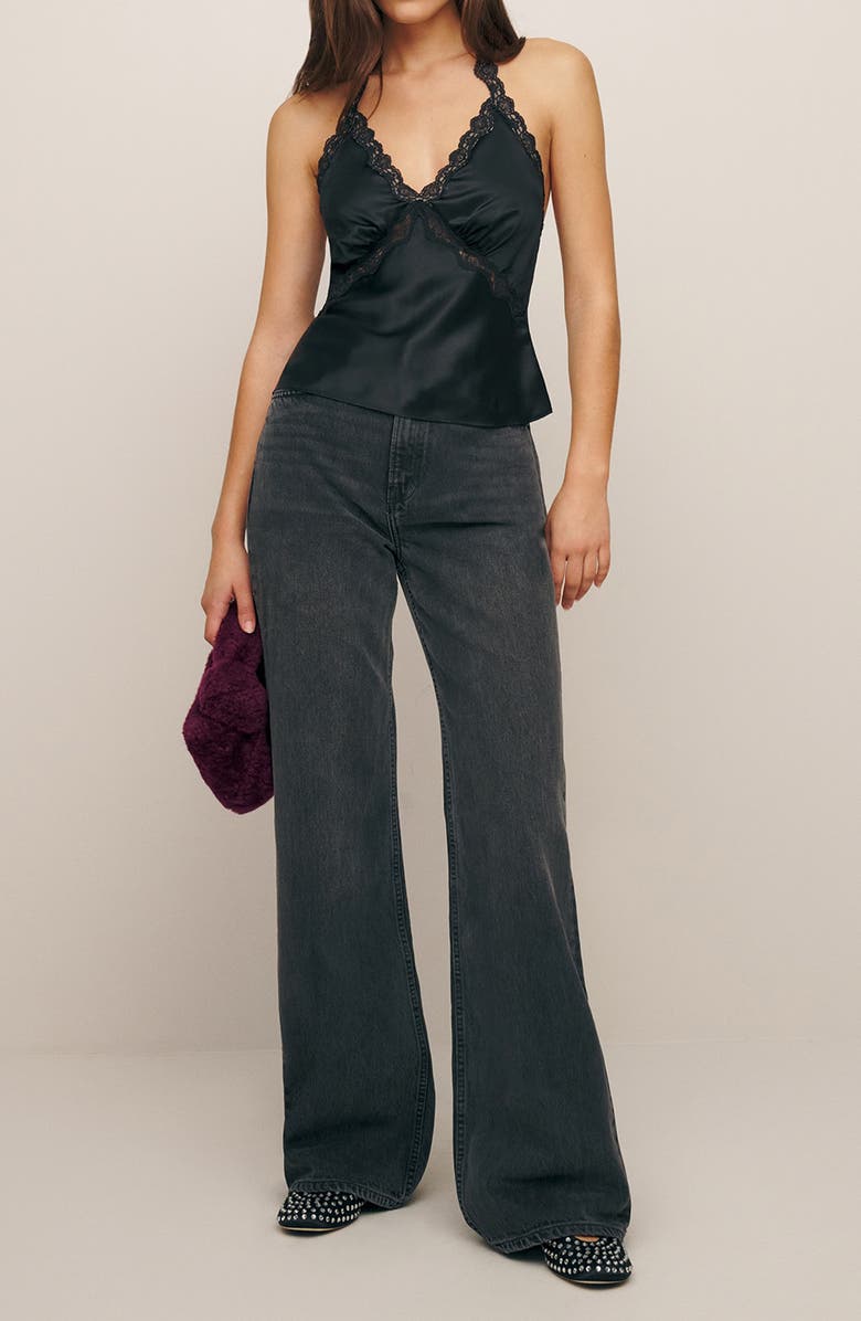 Reformation Monica Silk Halter Top, Alternate, color, Black