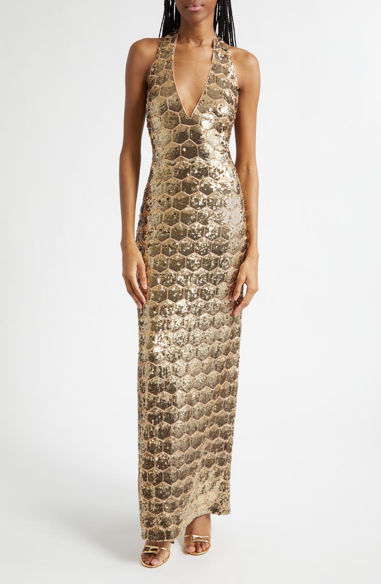 Ramy Brook Shauna Sequin Halter Gown, Main, color, Gold Sequin