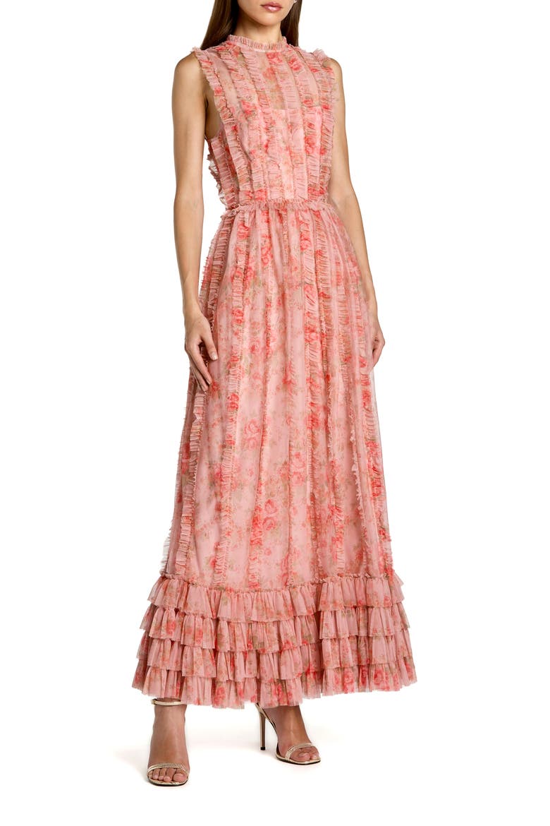 Floral Mesh High Neck Micro Ruffle Midi Dress, Main, color, Rose Multi