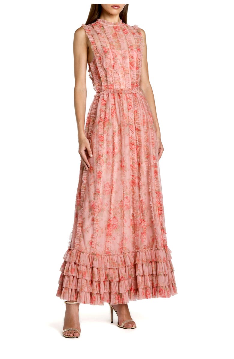 Mac Duggal Floral Mesh High Neck Micro Ruffle Midi Dress, Main, color, Rose Multi