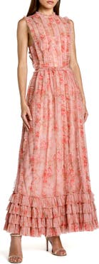 Mac Duggal Floral Mesh High Neck Micro Ruffle Midi Dress