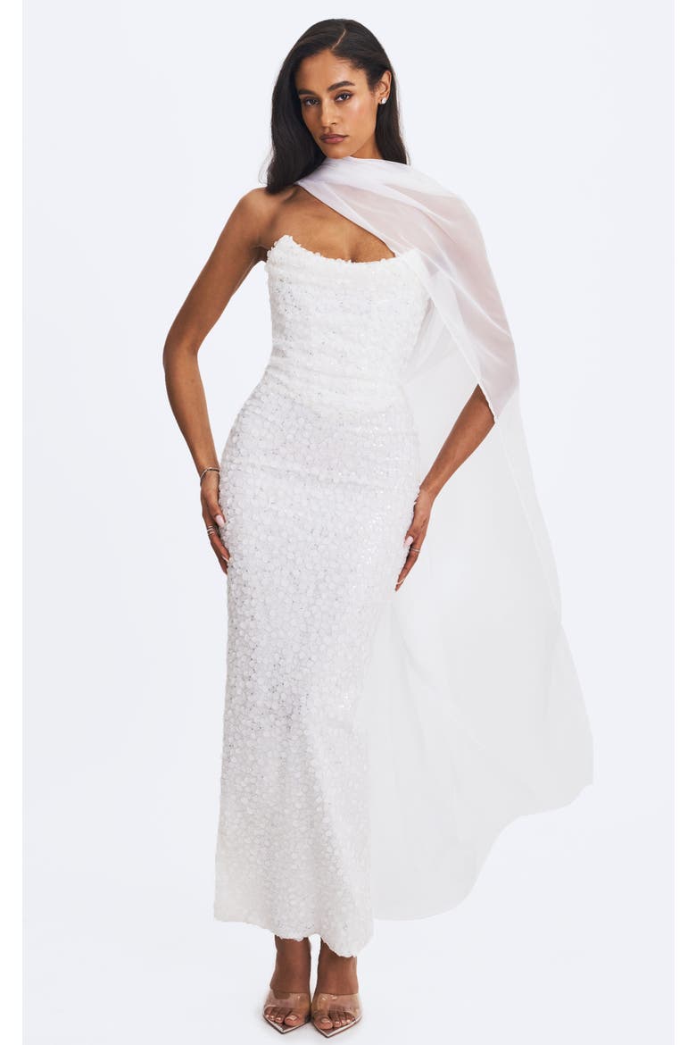 Myra Beaded Mesh Strapless Maxi Dress, Main, color, White