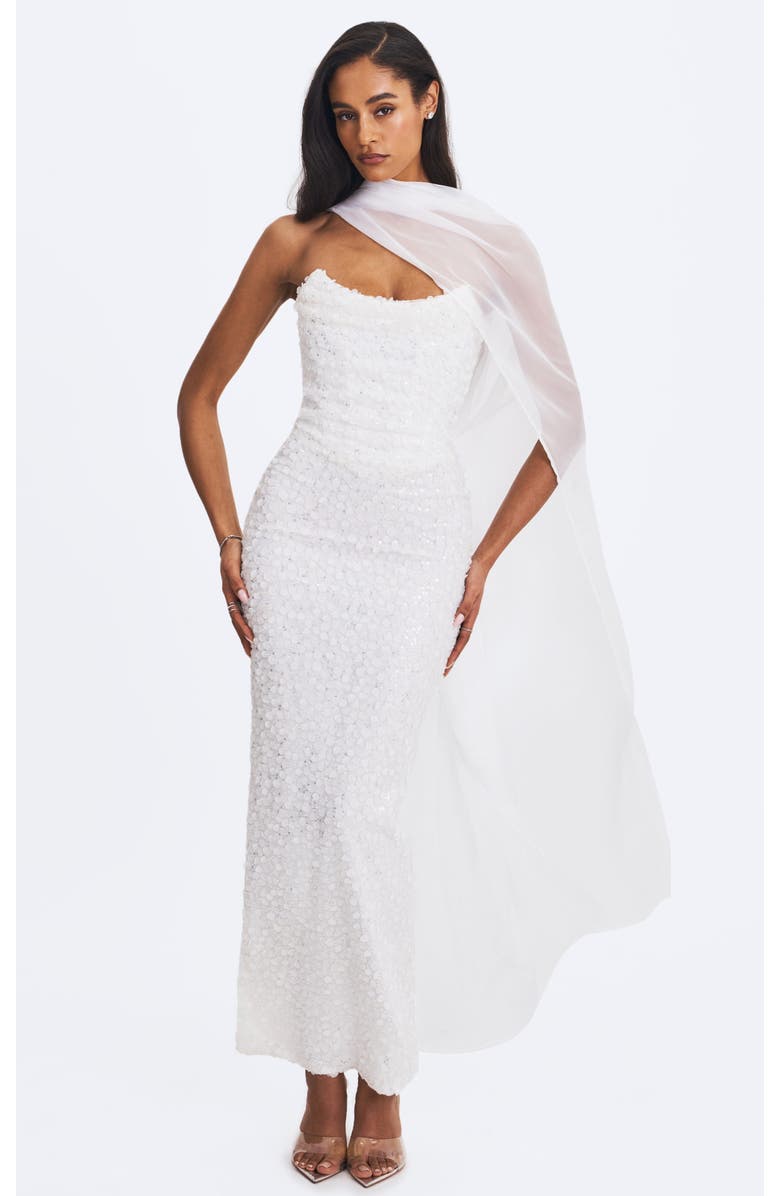 Miss Circle Myra Beaded Mesh Strapless Maxi Dress, Main, color, White