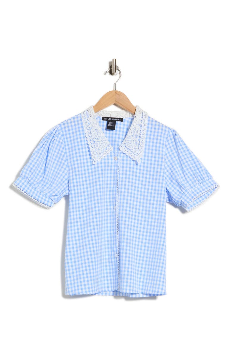 Gingham Lace Collar Cotton Shirt, Alternate, color, BLUE/ WHITE