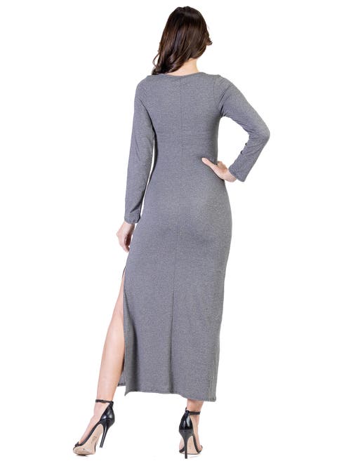 24seven Comfort Apparel Long Sleeve Side Slit Fitted Black Maxi Dress In Gray