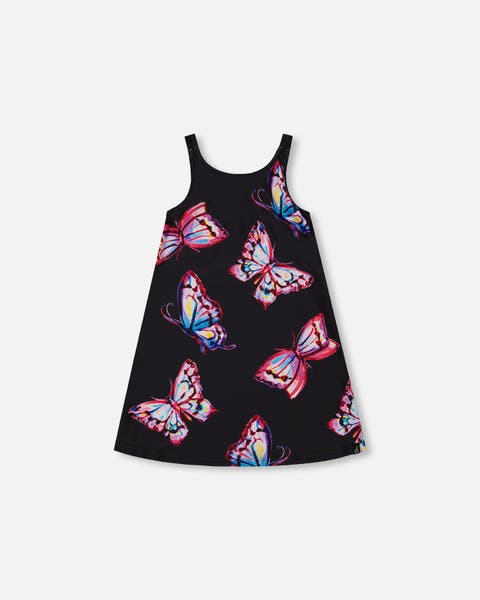 Girl's Printed Beach Dress Black And Multicolored Butterflies
