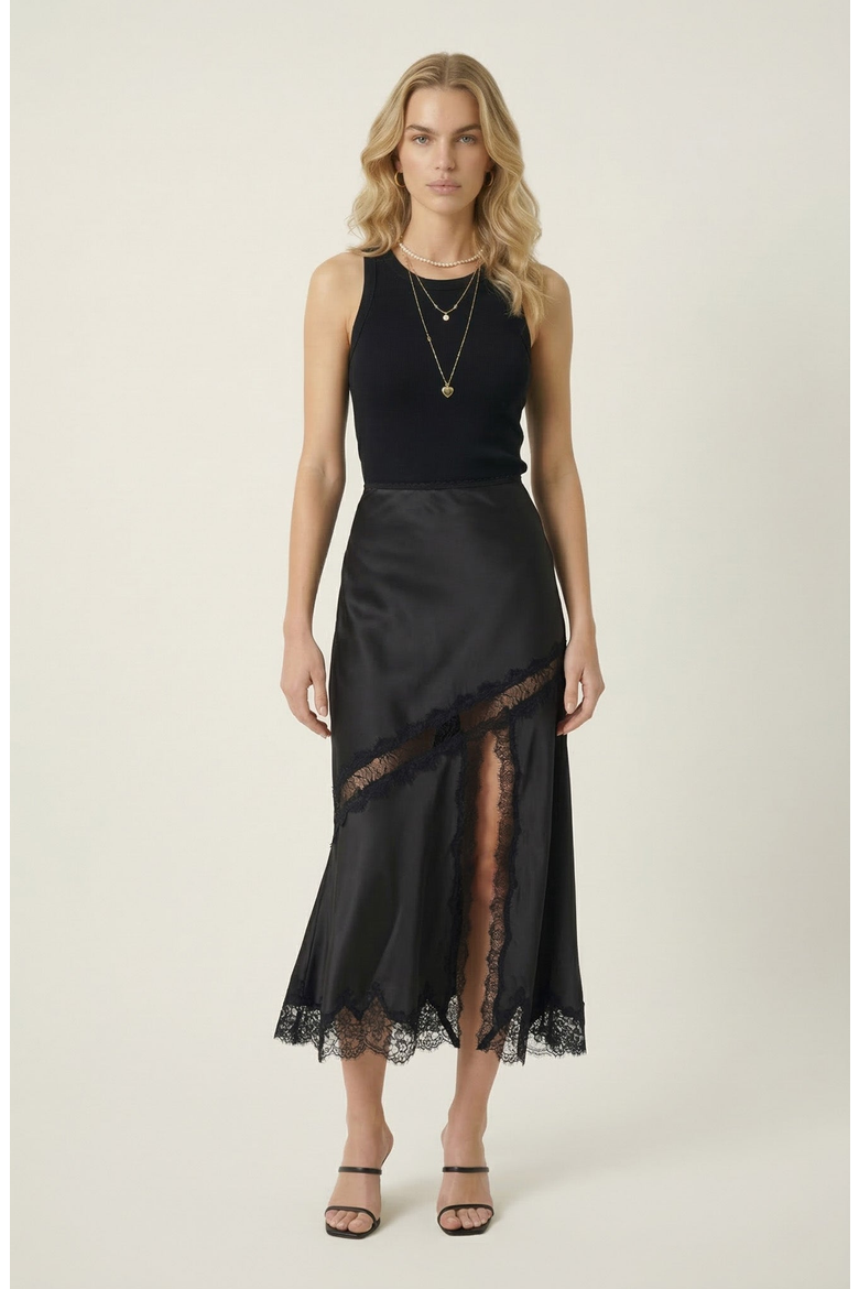 Lace Trim Asymmetric Satin Midi Skirt with Contrast Panel, Alternate, color, Black