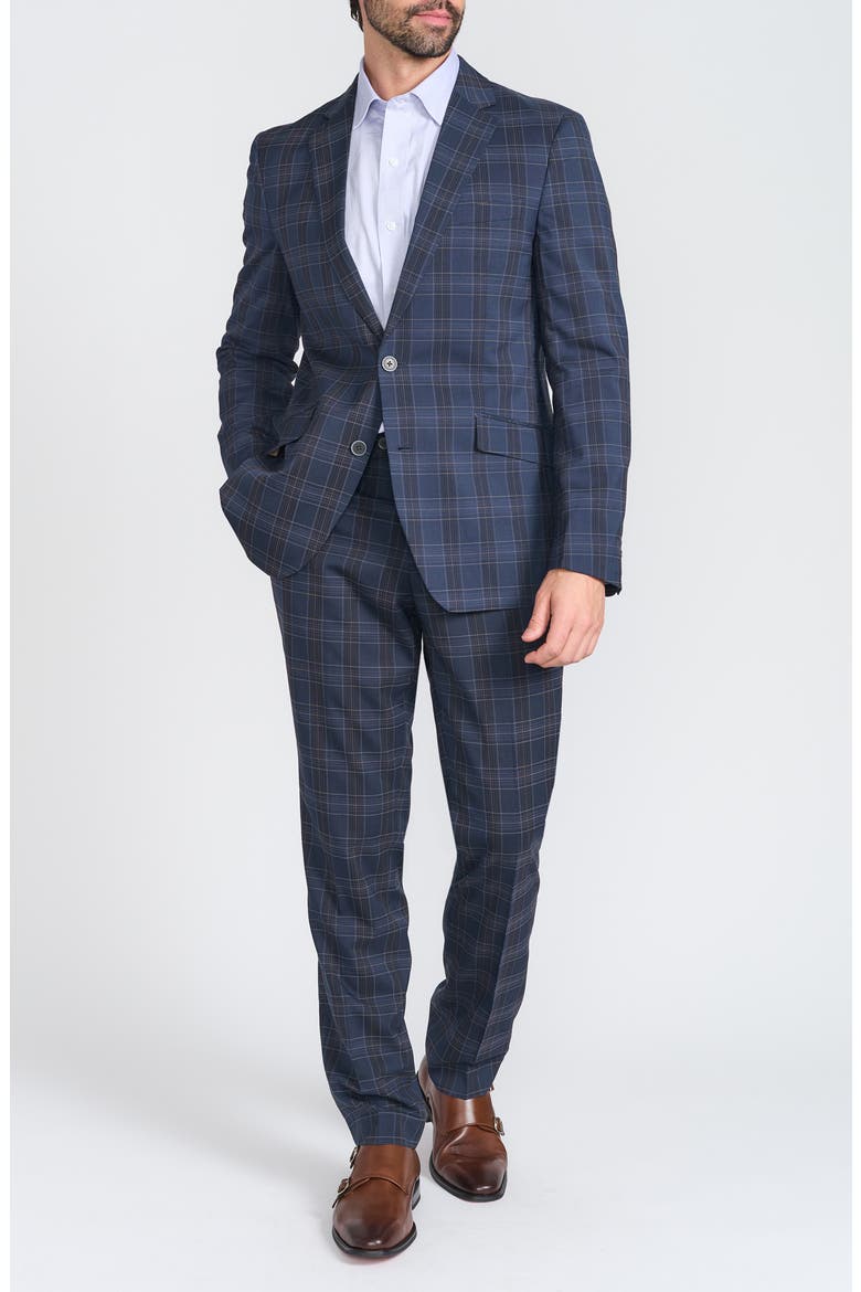 Navy Plaid Trim Fit Suit, Main, color, NAVY
