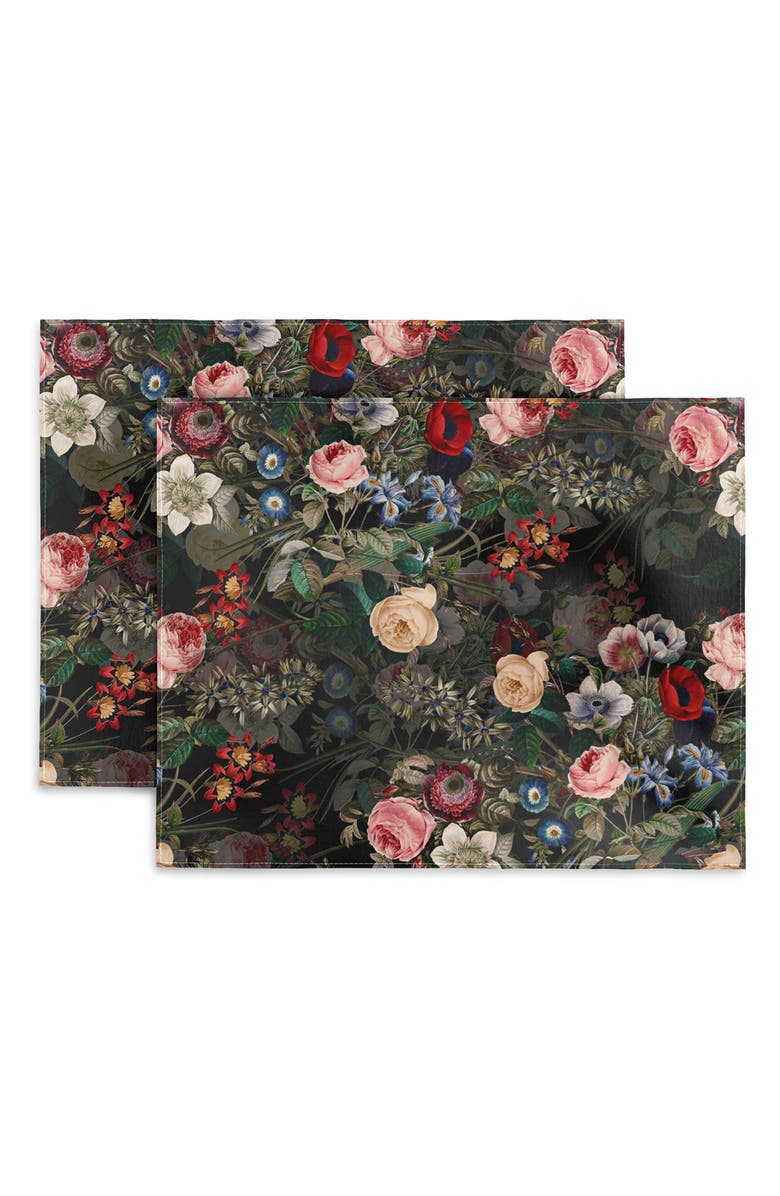 Deny Designs Dark Garden by Burcu Korkmazyürek Cotton Placemats, Main, color, Black