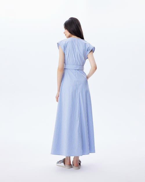 Theo The Label Echo Beaded Belt V-neck Shirtdress In Blue Stripe
