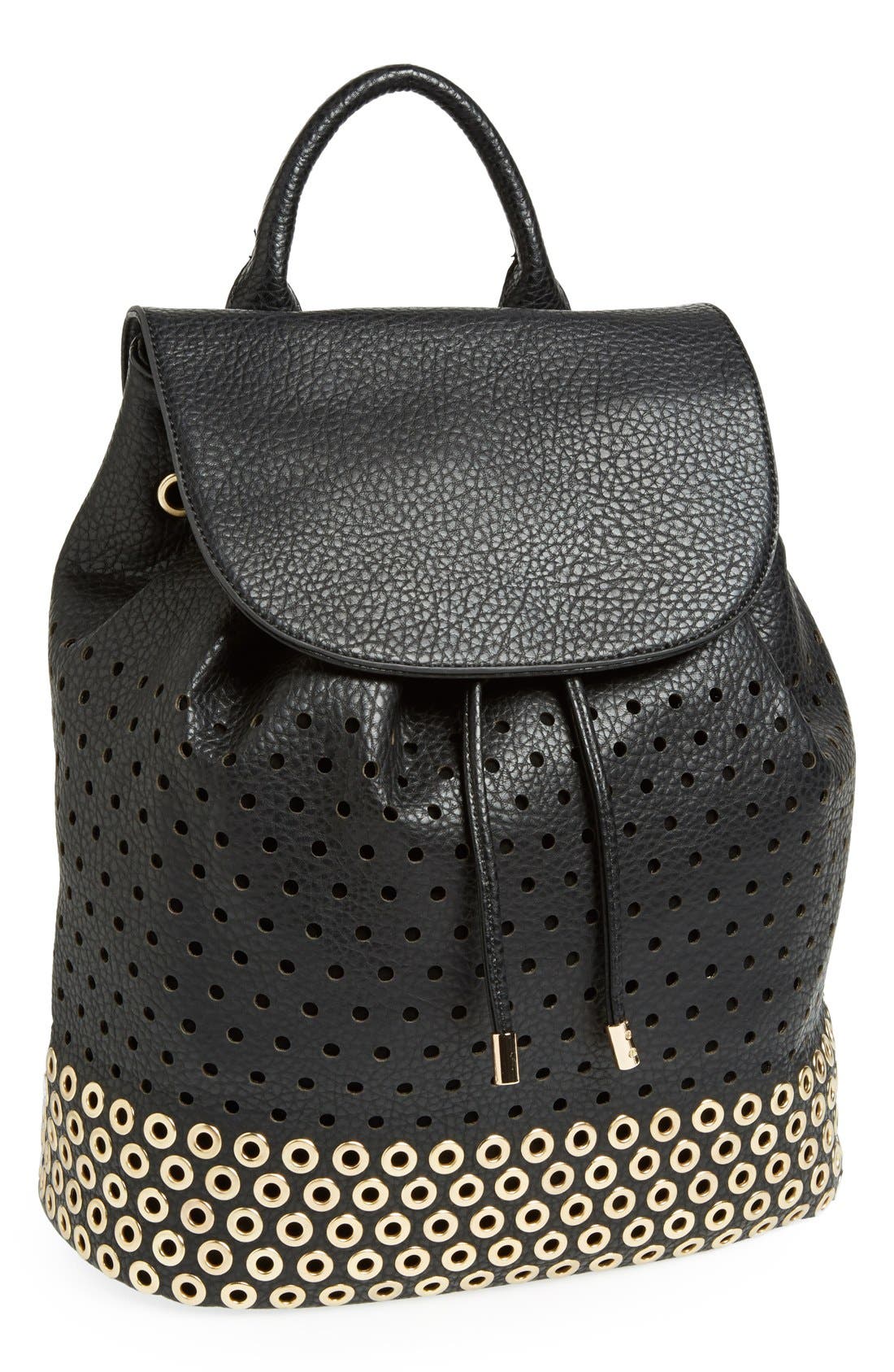 Perforated Faux Leather Backpack, Main, color, BLACK