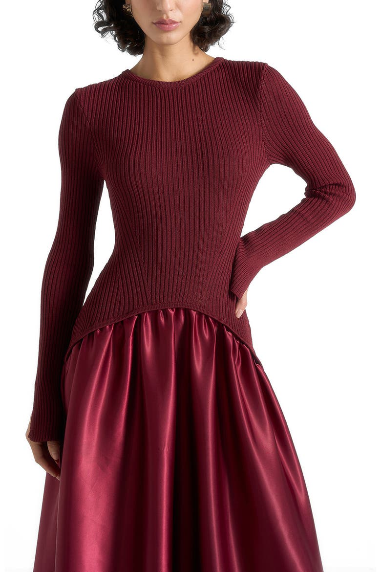 Adeline Knit & Satin Curved Hem Maxi Dress, Alternate, color, Wine Red