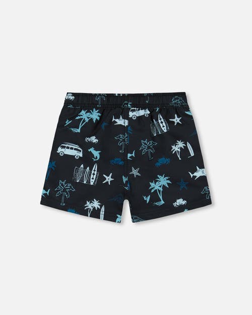 DEUX PAR DEUX DEUX PAR DEUX LITTLE BOY'S PRINTED SWIM TRUNKS LIGHT BLUE BEACH ON BLACK 