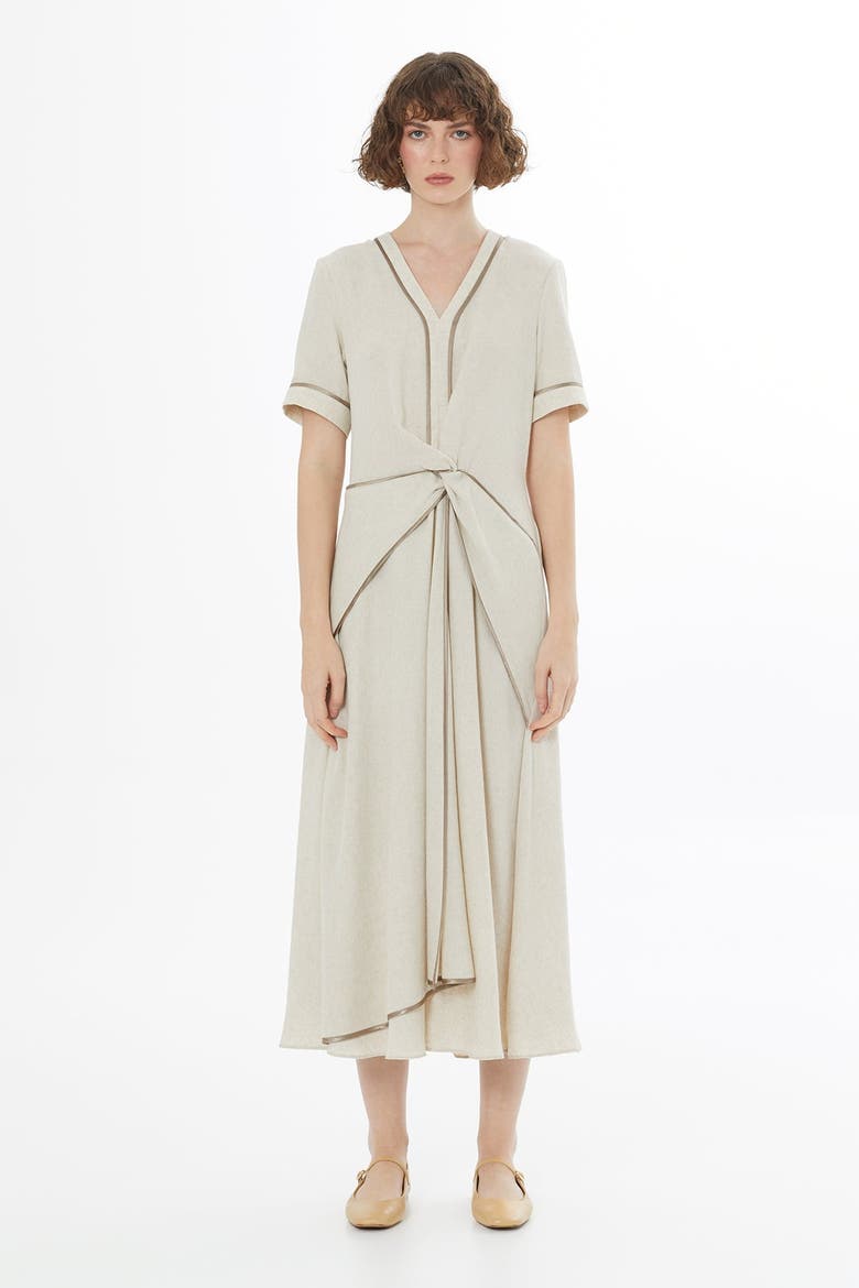 Beige Piped Detail Linen Maxi Dress, Main, color, Beige