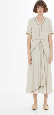 Gizia Beige Piped Detail Linen Maxi Dress