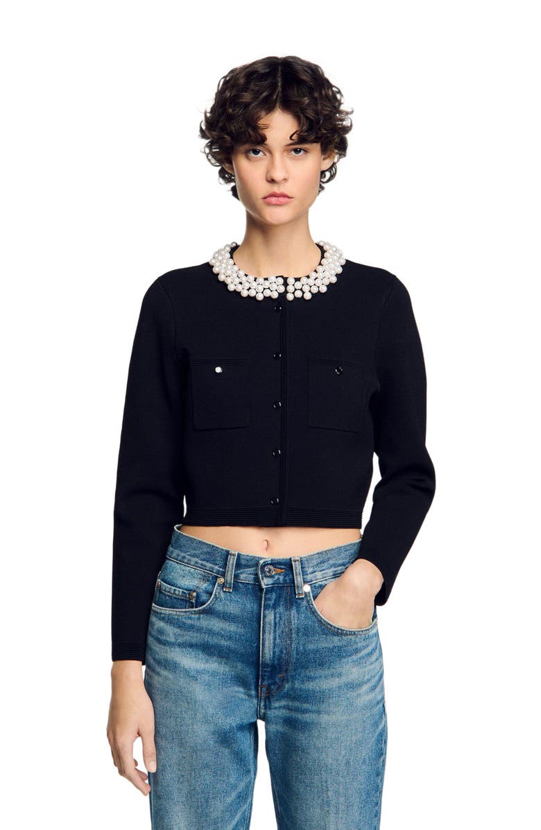 SANDRO Cardigan with beaded collar, Alternate, color, 