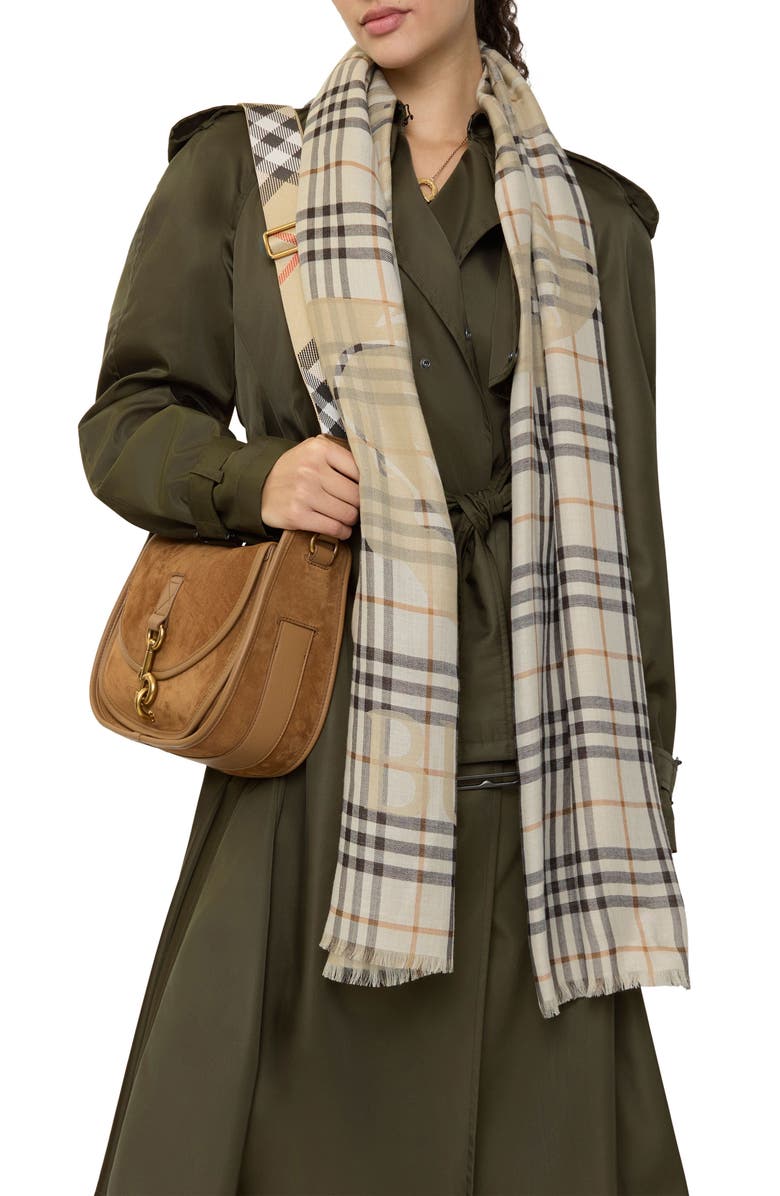 Burberry Wide EKD Check Wool & Silk Fringe Scarf, Alternate, color, Pebble White