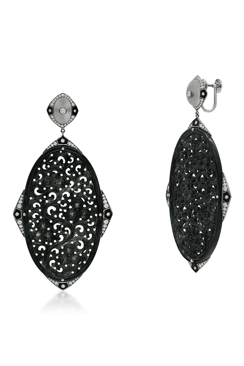 Carved Black Jade & Diamond Pendant Drop Earrings, Main, color, WHITE GOLD