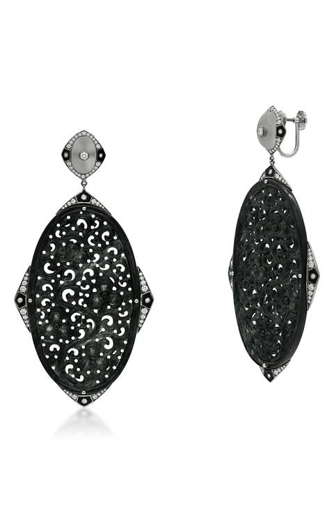Carved Black Jade & Diamond Pendant Drop Earrings