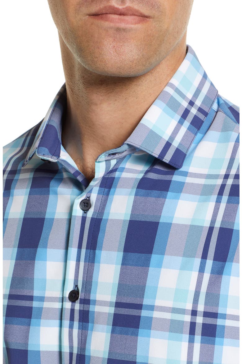 Men's Leeward Trim Fit Plaid Performance Button-Up Shirt, Alternate, color, NAVY AQUA MULTI LARGE PLAID