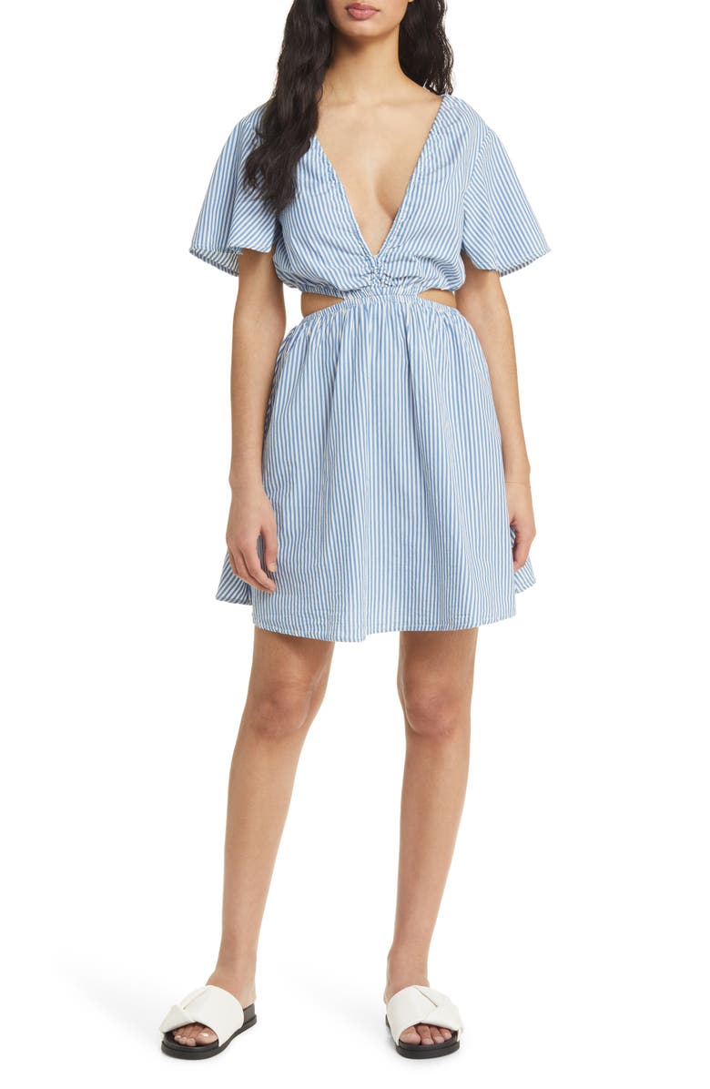 Topshop Stripe Cutout Cotton Dress, Main, color, Blue