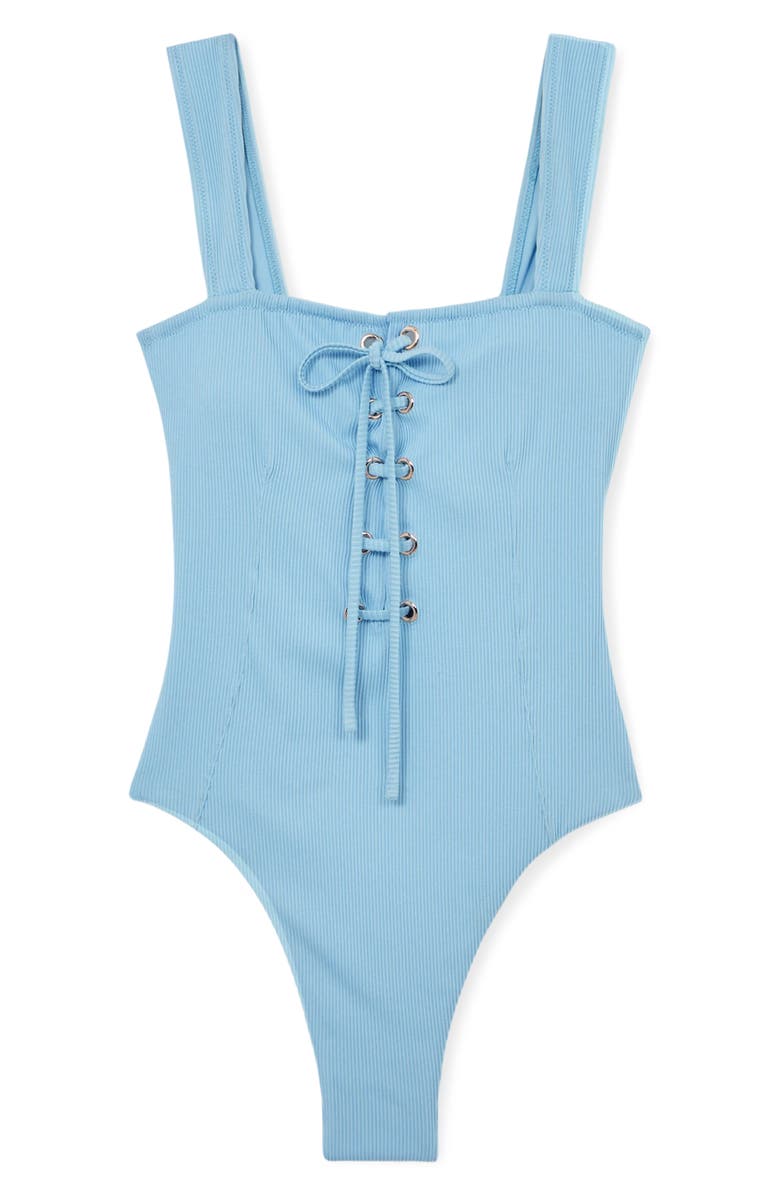 Reiss Fabienne Lace-Up Rib One-Piece Swimsuit, Alternate, color, Blue